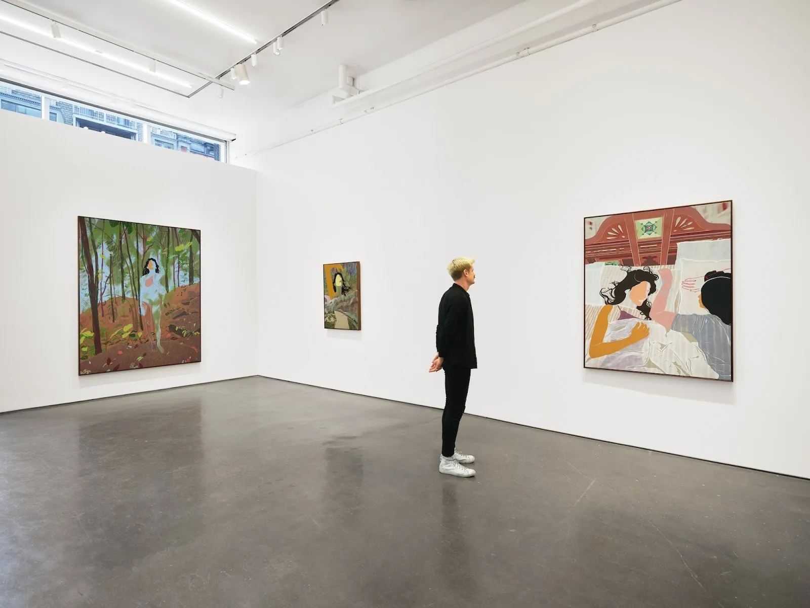 Three paintings with geographic figurative patterns installed on gallery wall, Indian painter Anoushka Mirchandani solo exhibition A House Called Tomorrow Yossi Milo Gallery impulse magazine interview by shreya ajmani.