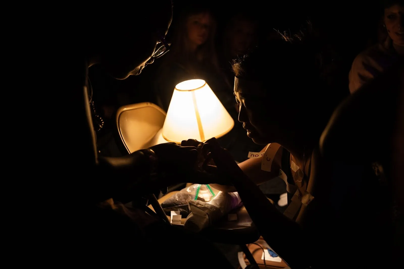 Figures obscured by the dark lean over a single table lamp in the center, the light revealing a hint of their profiles. the figures seem to be interacting with each other, holding an object between them.