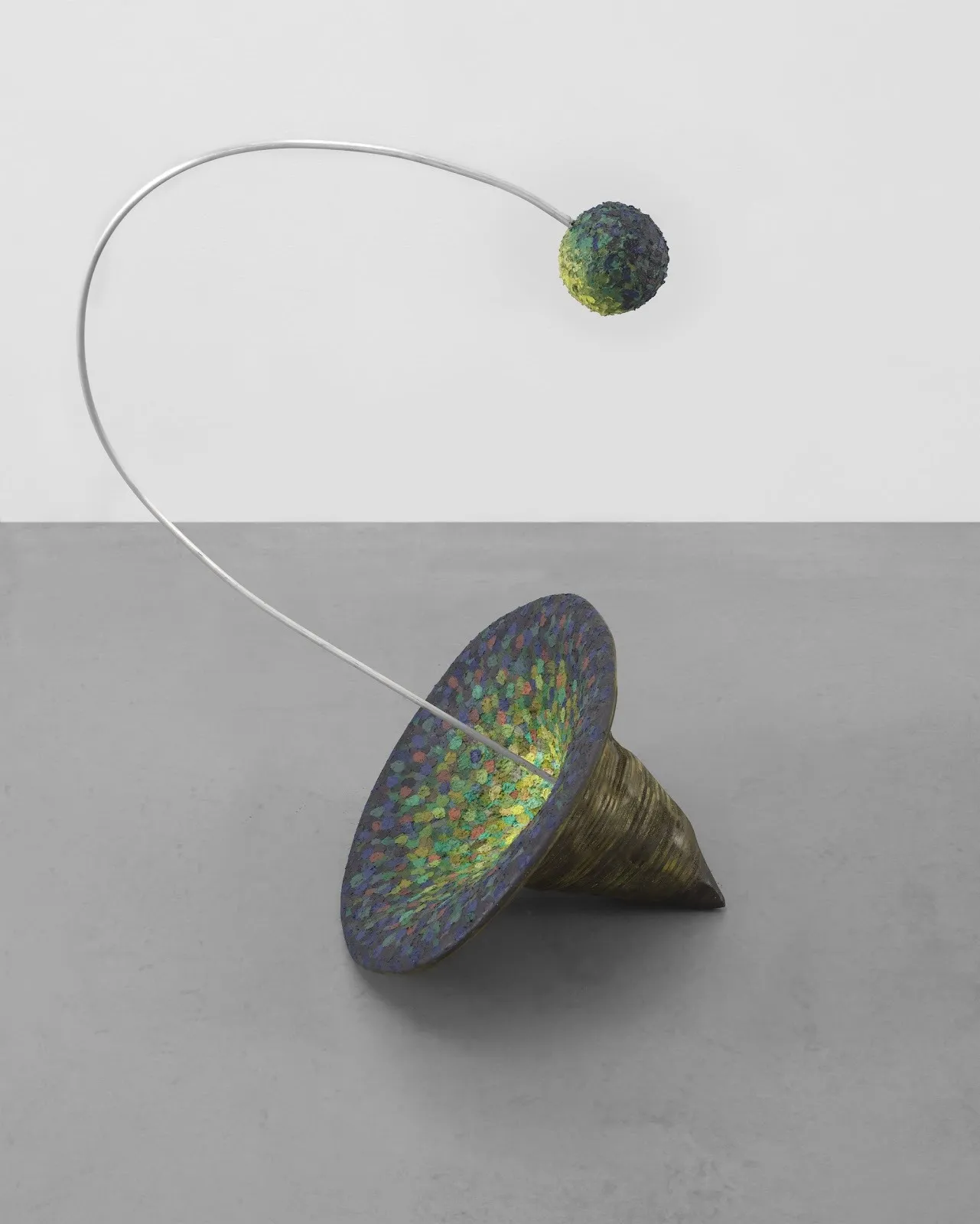 Installation of sculpture within Timothy Taylor gallery, cone-shaped impressionist piece with curved steel extending on top, impulse magazine interview, Alicia Adamerovich and Christopher Daharsh.