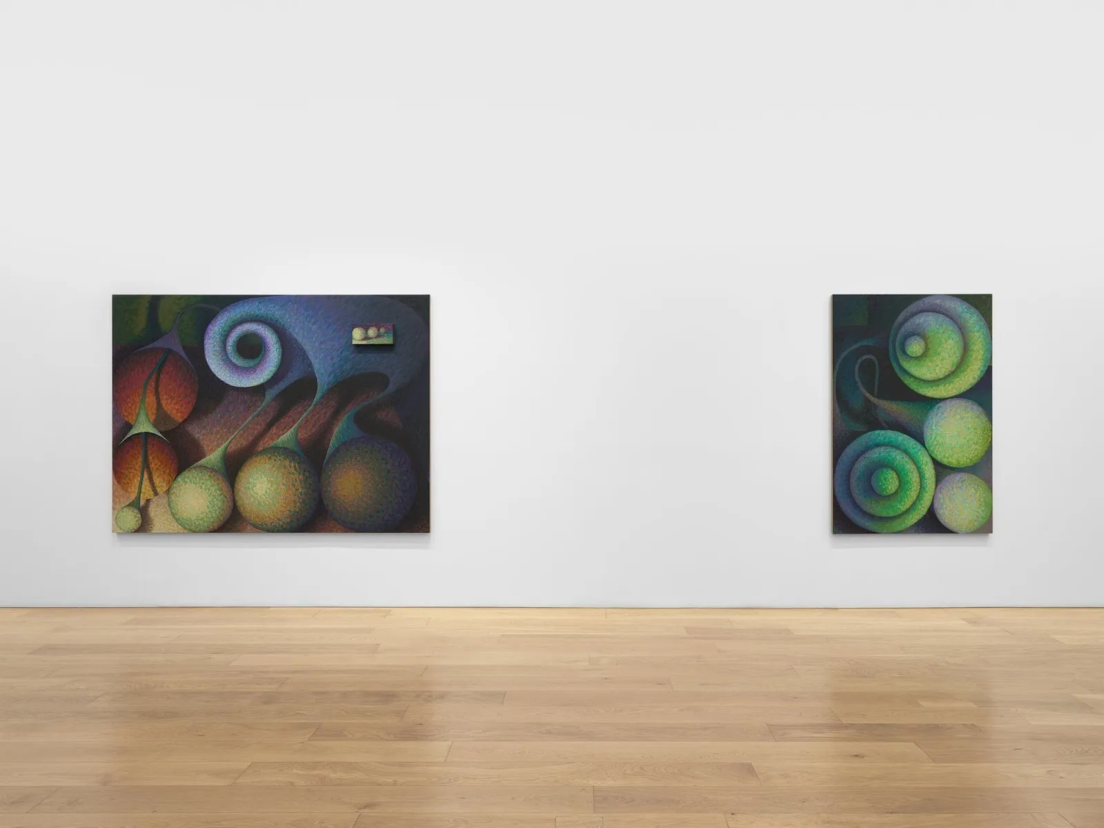 Two geometric paintings at Timothy Taylor gallery installed on white wall, wooden floor with abstract paintings of circular pattern, alicia adamerovich, rude awakening, impulse magazine interview, Alicia Adamerovich and Christopher Daharsh.