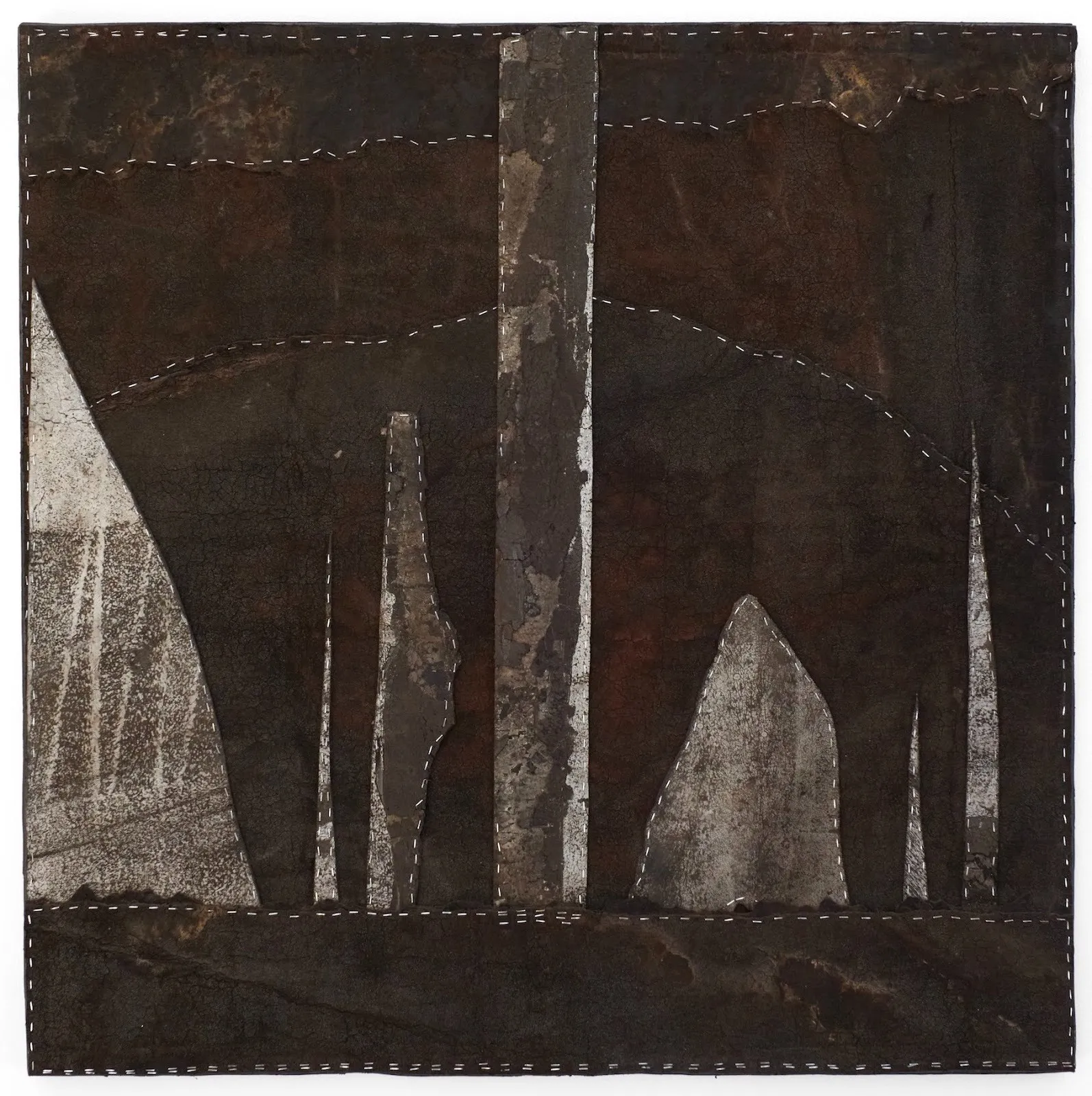 Aqaba, black and white Patchwork using stitches, dark leather, wood, Salvaged Builder's material, on view at half gallery collage sculpture by levi de jong, not a figure in sight, impulse magazine interview.