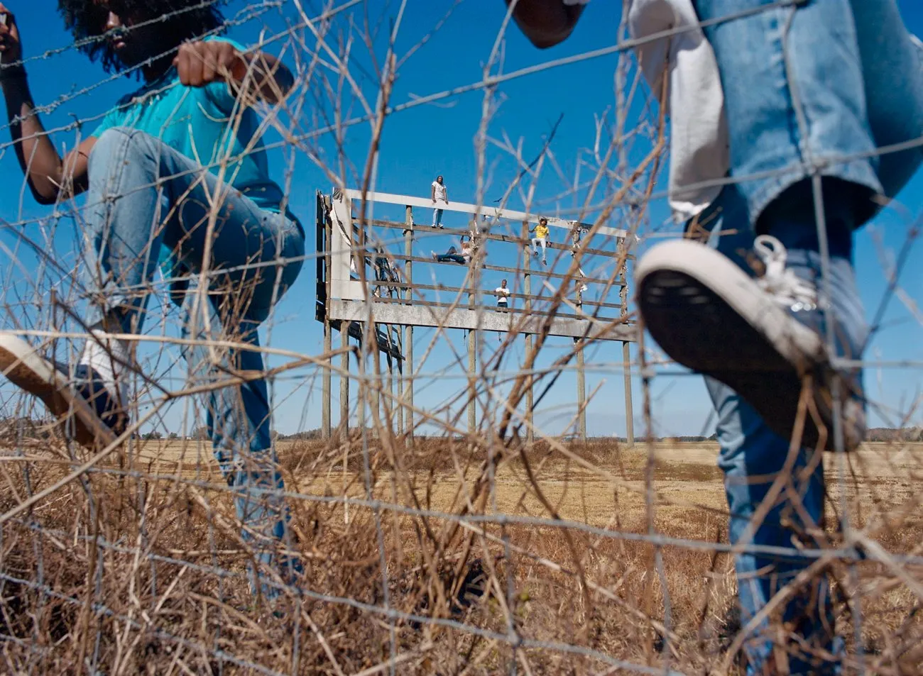 Photograph of young florida boys climbing wired fences, wearing jeans and sneakers in the middle of yellow grassland, climbers photography by josh aronson, interview with impulse magazine.