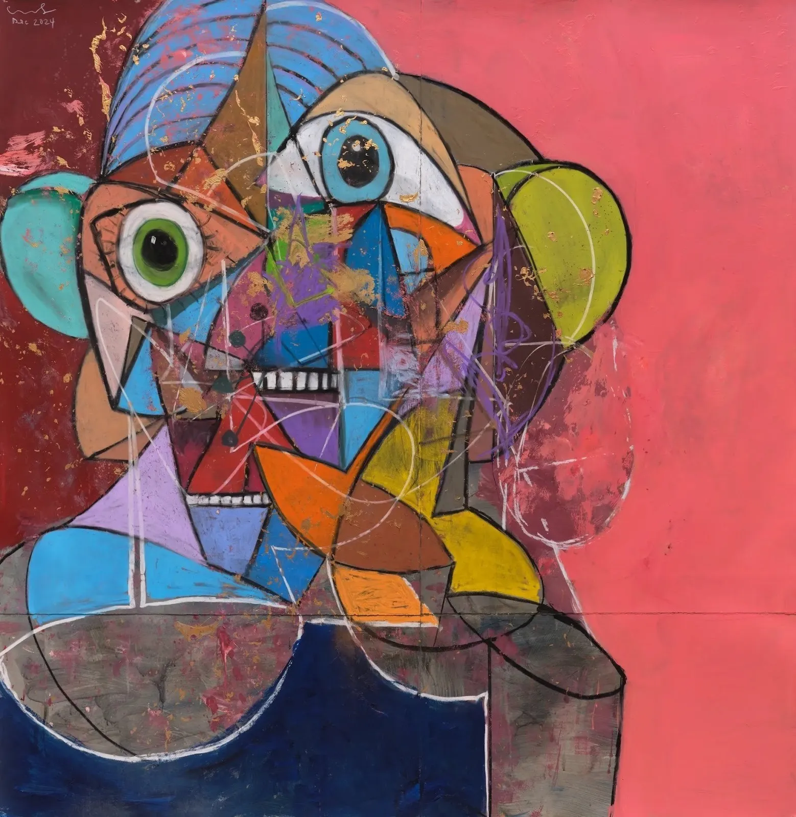 Geometric abstraction painting with coral blue and yellow color blocks, psychological cubism george condo, abstract male portrait at hauser & wirth.