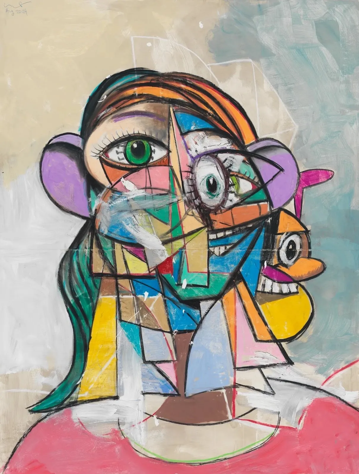 Multiple personalities, psychological cubism painting showing multiple faces on one neck, geometric abstraction by george condo, acrylic and pastel on paper, hauser & wirth solo exhibition.