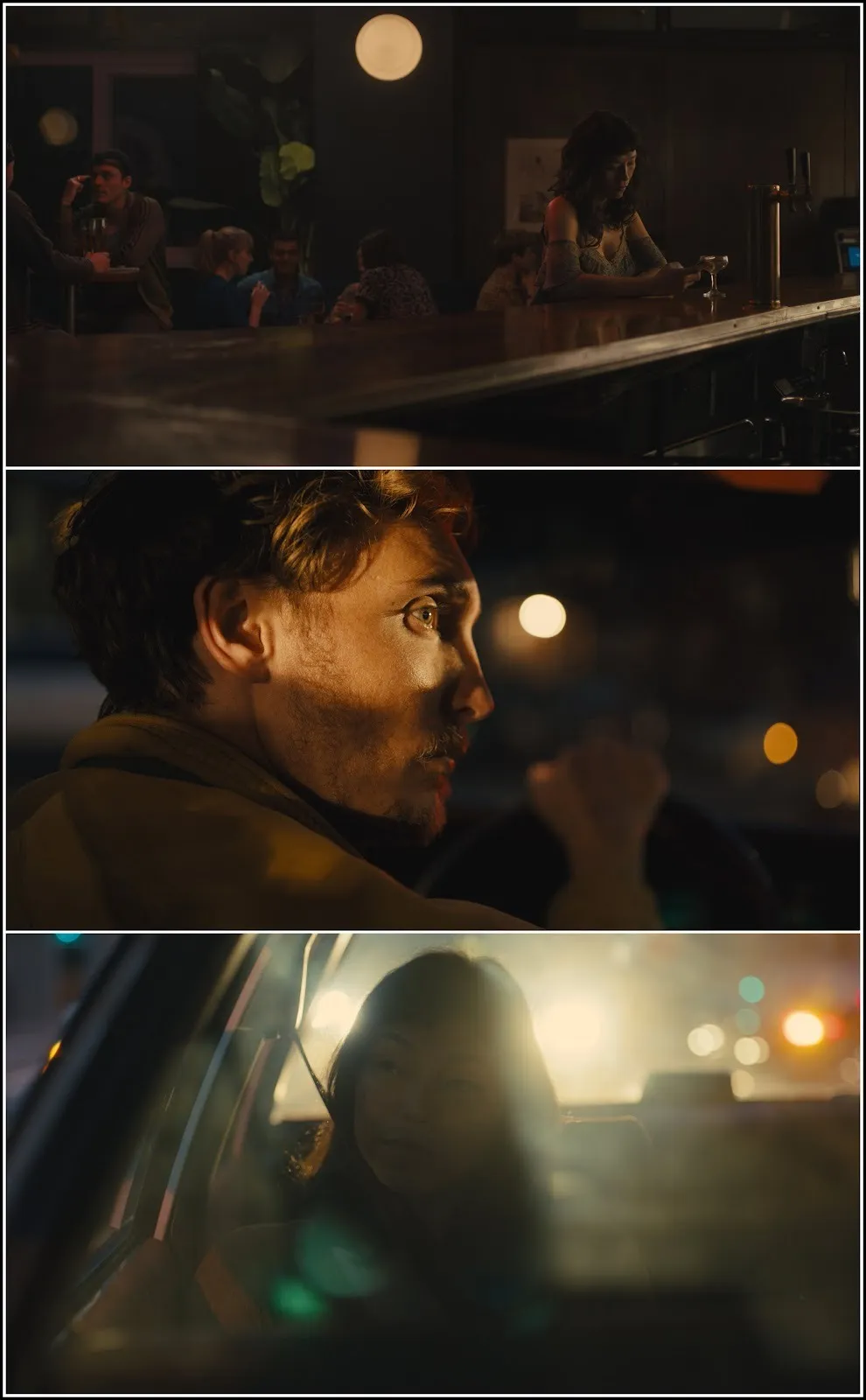 Three film stills from lingua Franca by Isabel sandoval, first one of woman sitting at the bar, second is side portrait of a man driving, third is woman sitting in a car looking out the window.