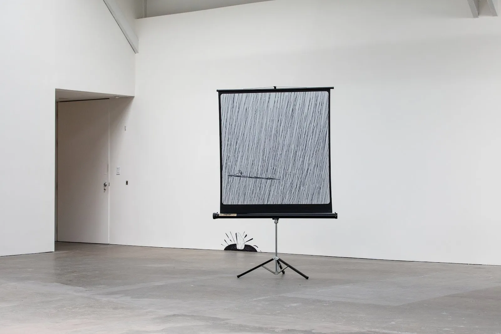 Installation view of a screen stand with rain drawing with black marker and acrylic paint in white cube gallery, ana jotta, chuva da tarde afternoon rain at CCA wattis institute, never the less exhibition.
