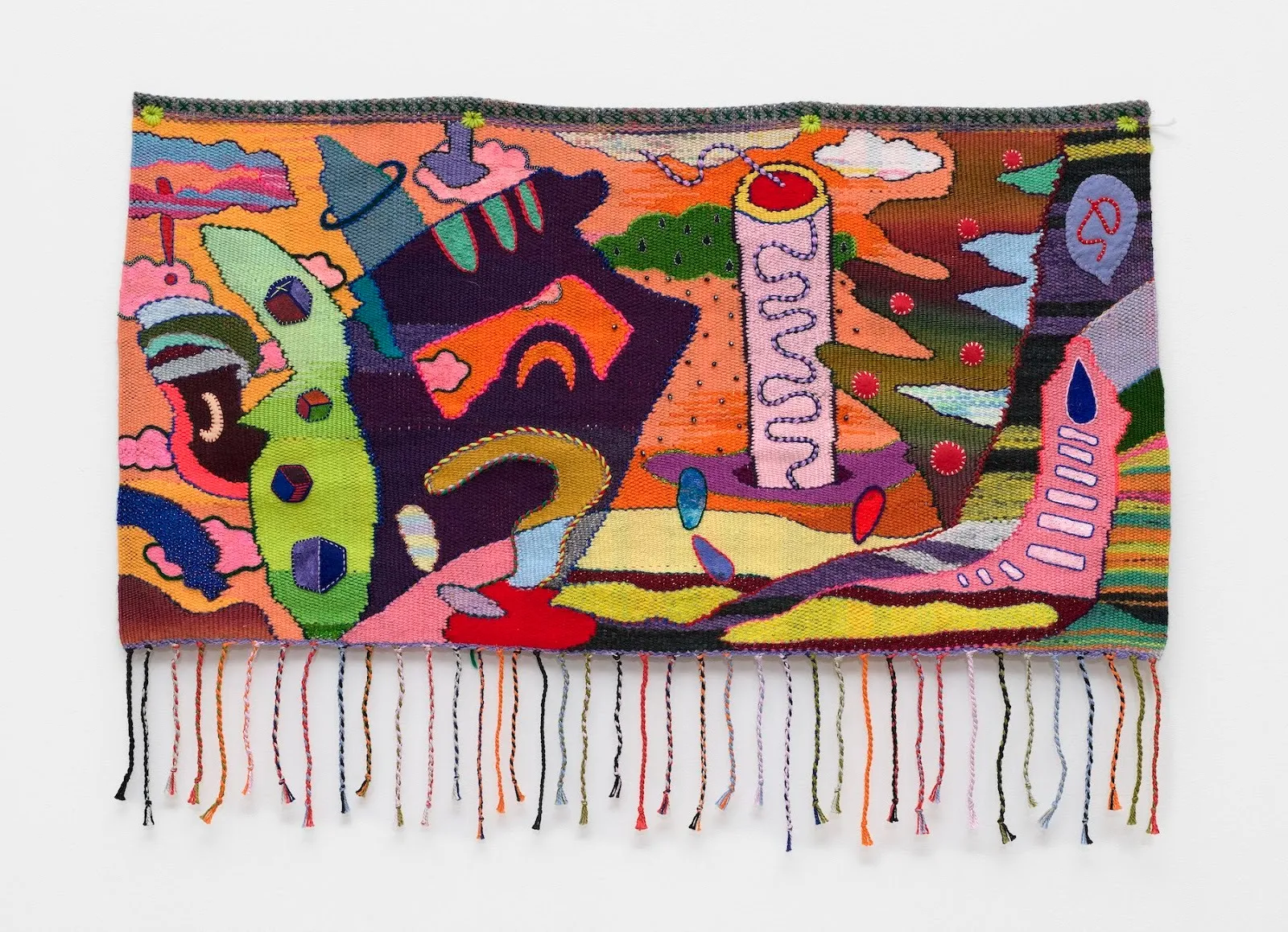 Colorful geometric orange-looking cartoon tapestry depicting landscape titled shadow nails against white background, sam dienst, handwoven fiber art with embellishments, cartoon logic and JLG projects.