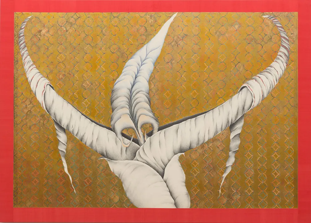 Against a red frame, a painting with gold leaf and diamond-and-circle-patterned background features an abstract black-and-white drawing of a tendrilled figure. The figure has two protruding and curving spines, with one third central spine blooming.