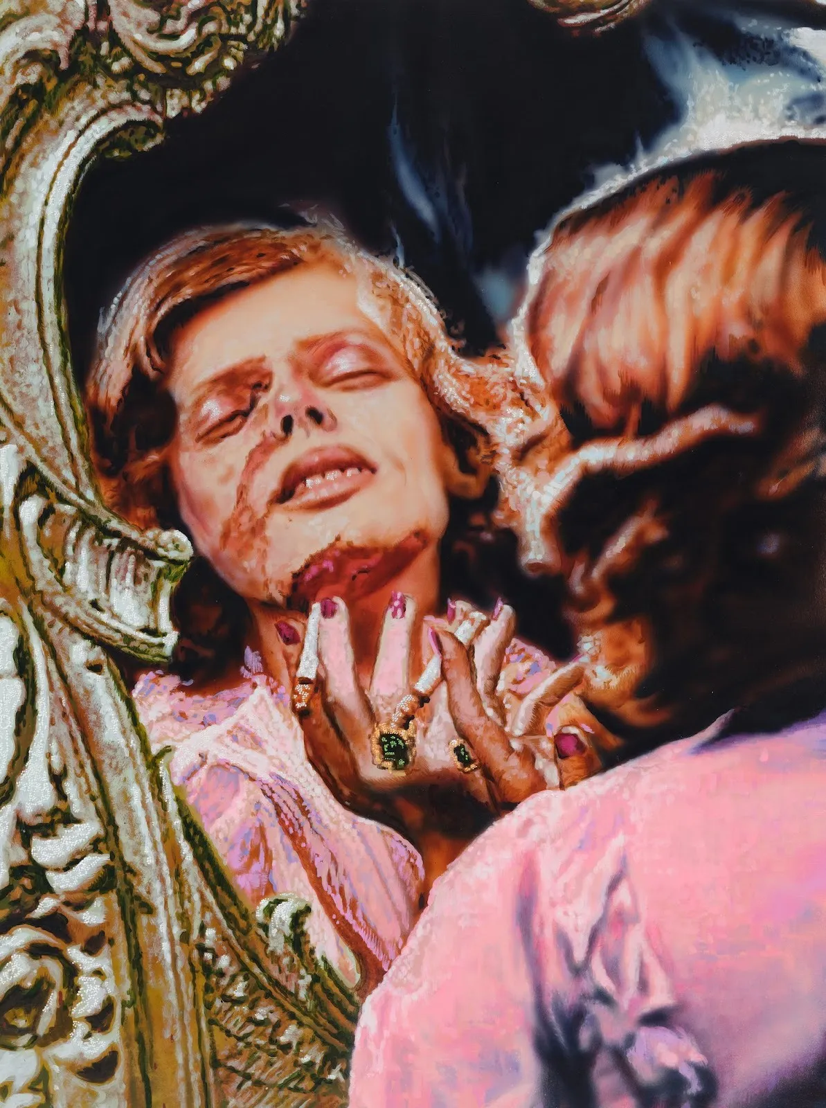 Acrylic on canvas painting of short-haired woman with splendid outfit looking into a mirror with skin in partial decay smoking cigarette, tim brawner, harlow, last caress at management gallery.