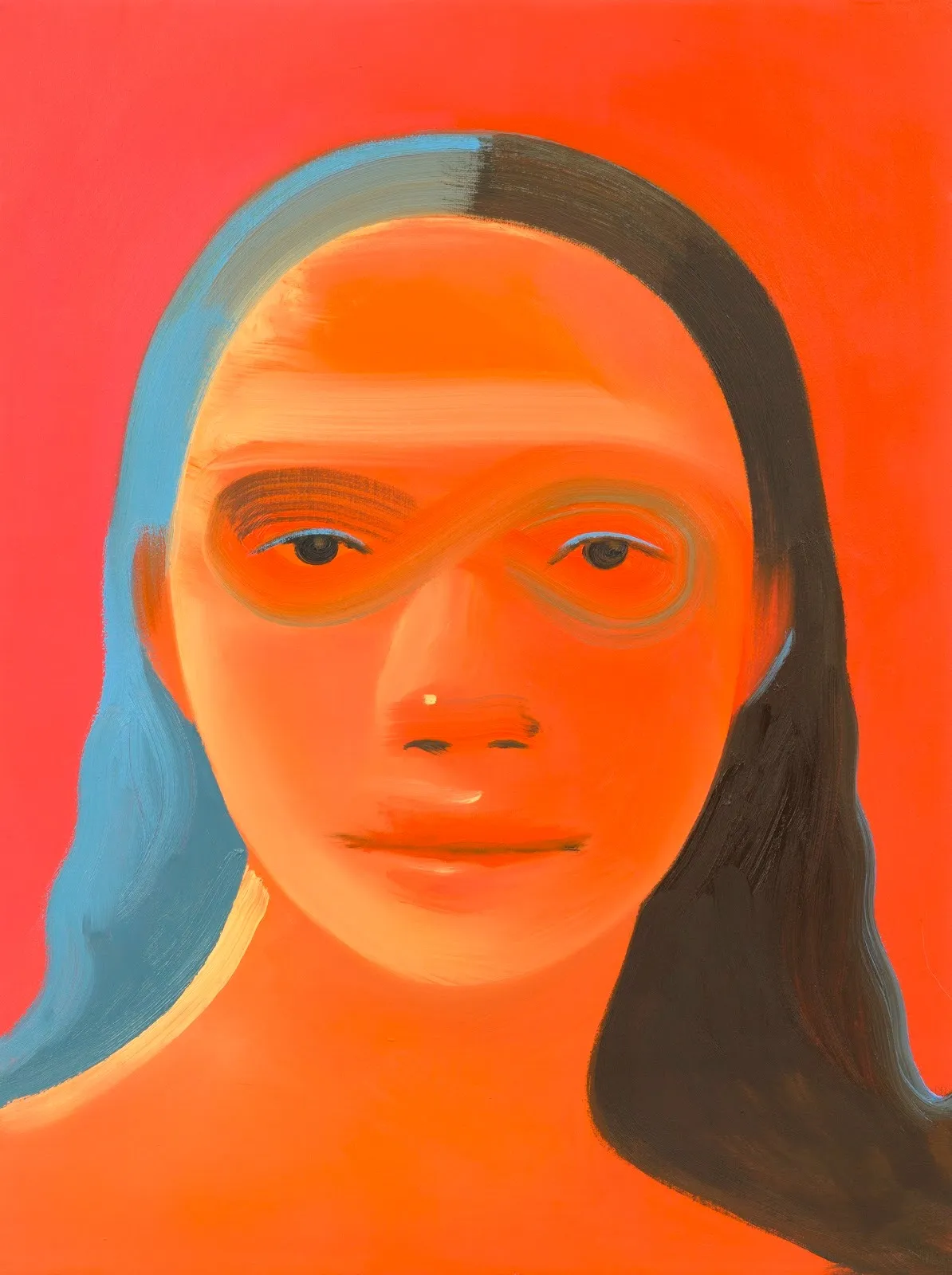 Orange and blue abstracted women figure with long hair and red background, Na Kim untitled 33, pictures of faces, memory palace solo exhibition at Nicola Vassell gallery.