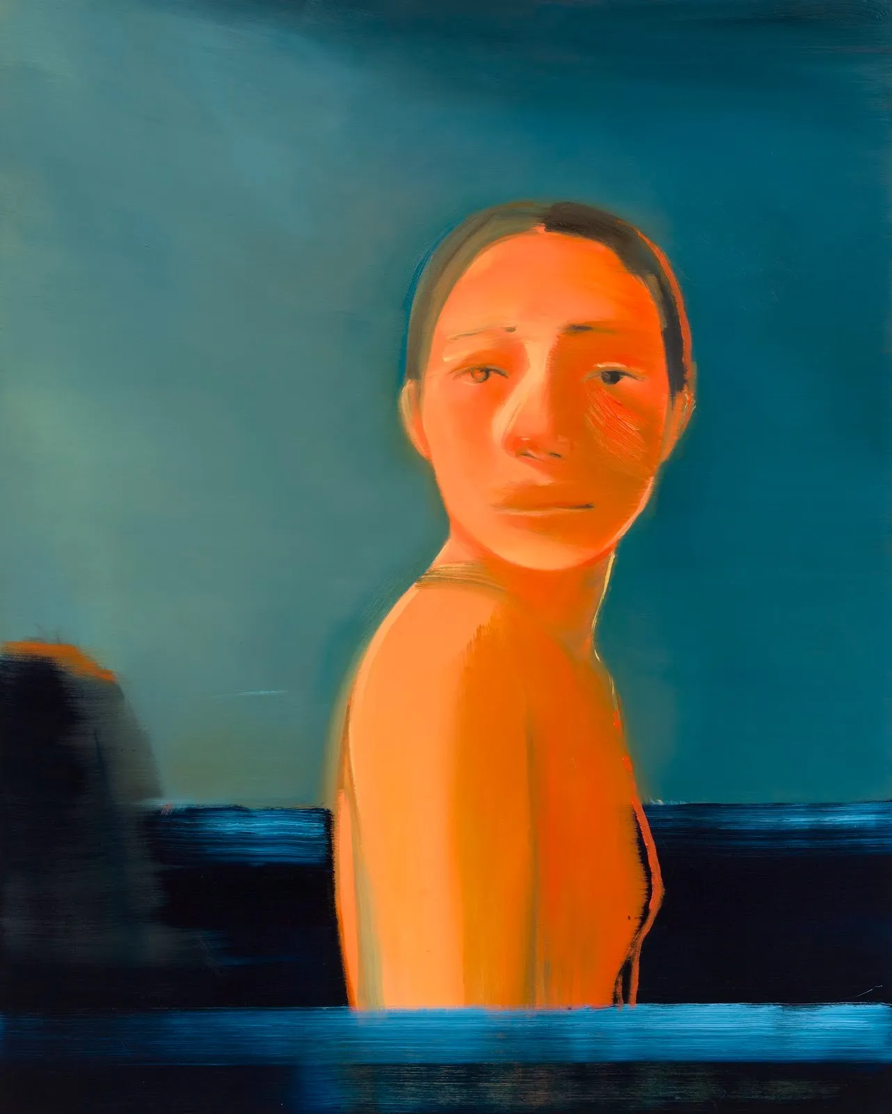 Orange and blue painting of abstracted woman figure emerging from a body of water with Melancholy facial expression, memory palace na kim solo exhibition at nicola vassell gallery.