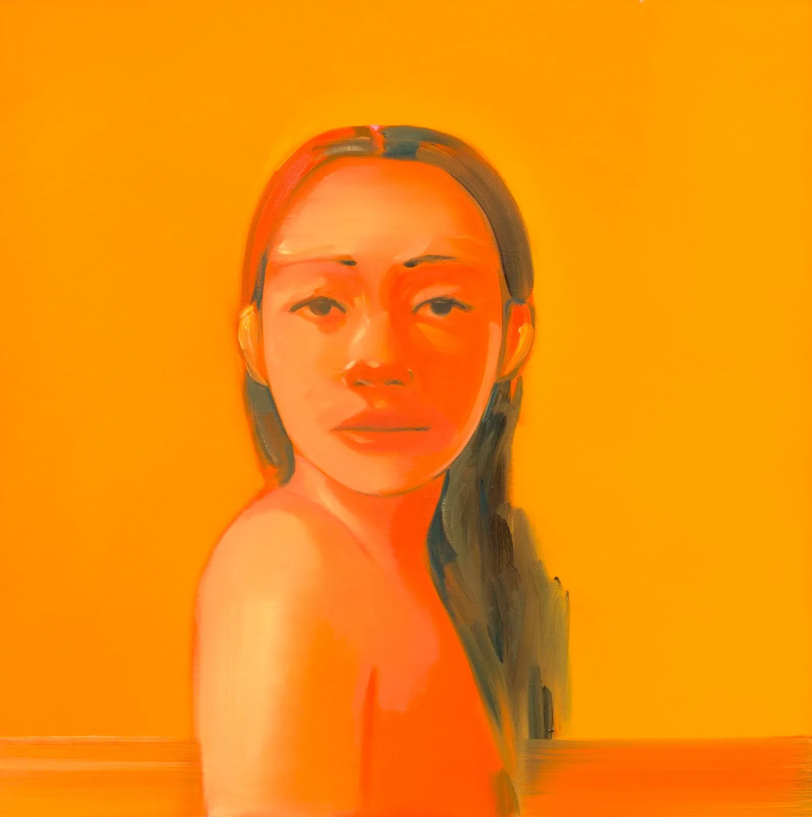 Orange abstracted women figure emerging from a body of water painting, oil on linen, na kim solo exhibition memory palace at nicola vassell gallery.