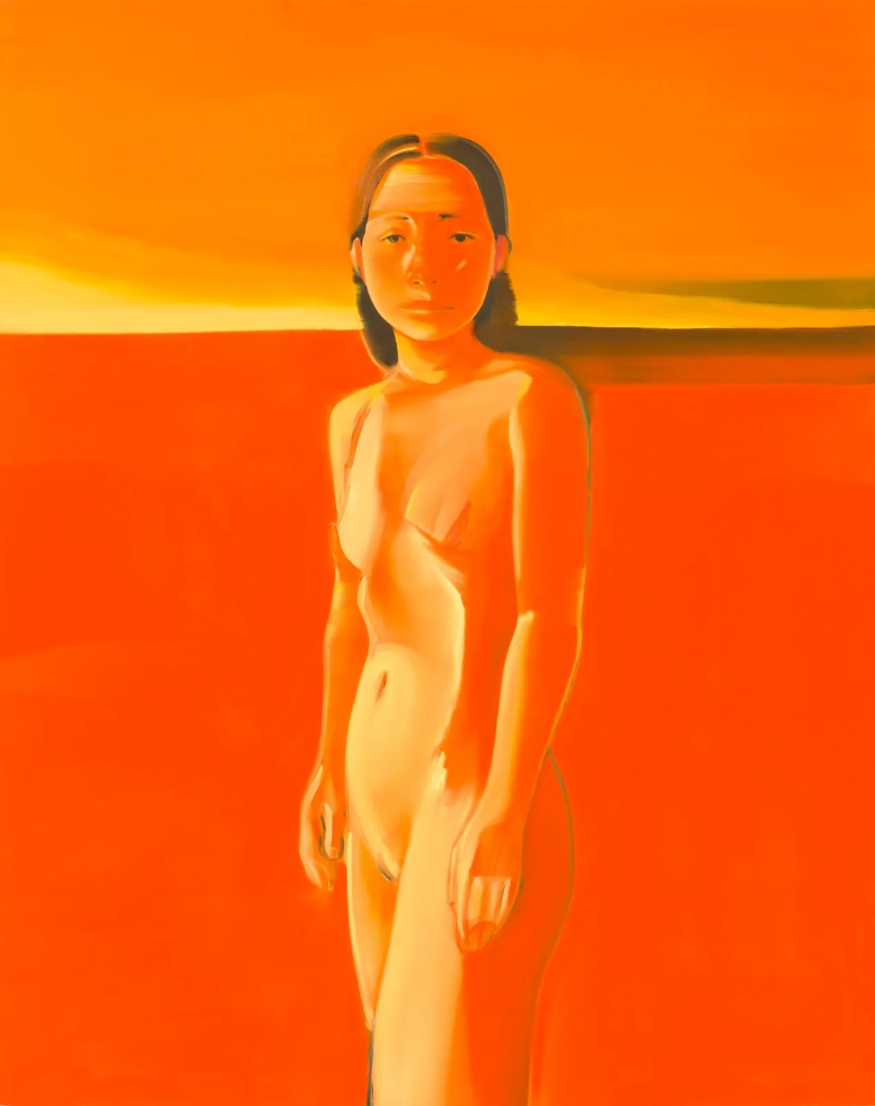 Orange abstracted nude portrait of women sending in front of horizon line, na kim, Memory Palace, solo Exhibition at nicola vassell gallery.
