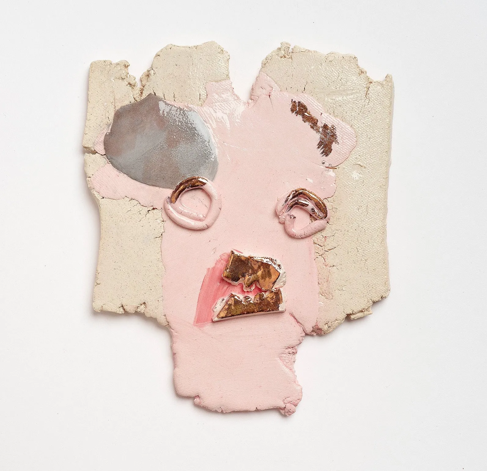 Earthy dirt colored Ceramics with rose gold and pink accents roughly depicting a face, Cameo tile, stained ceramic gold by leena similu, ILY2 gallery felix art fair presentation.