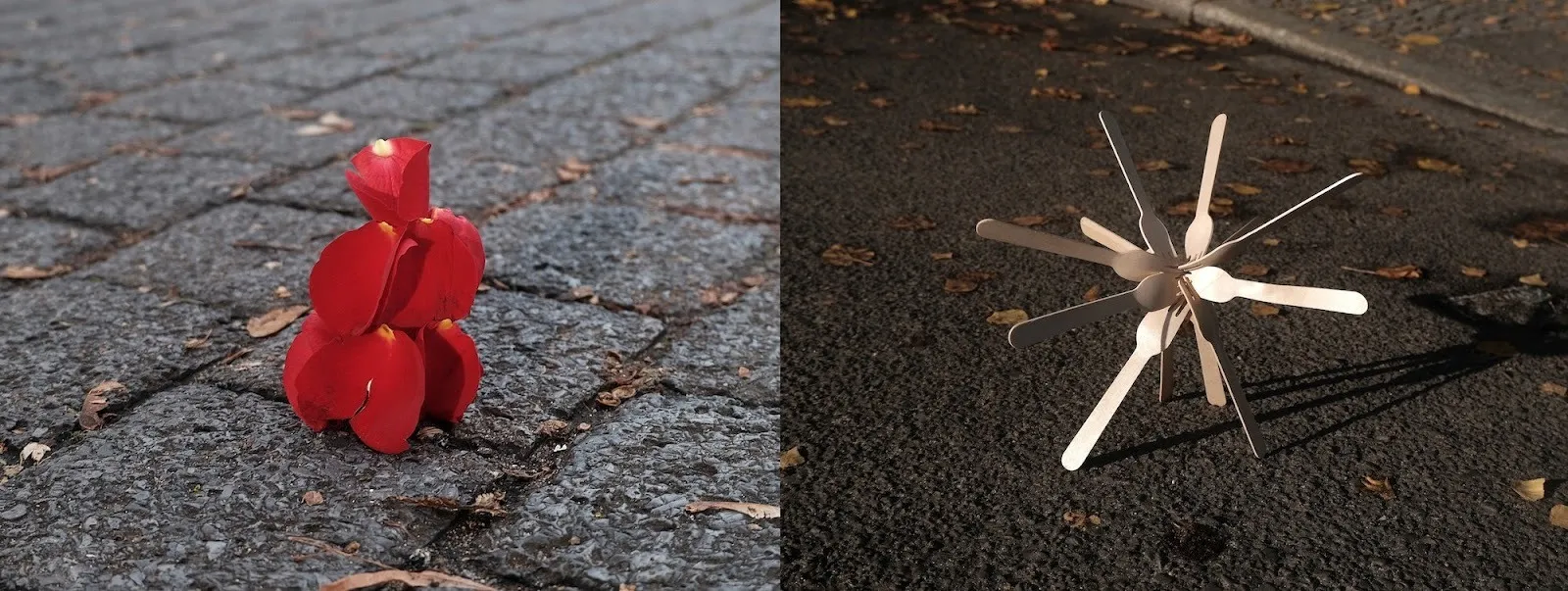 Two sculptures created by individual rose petals and wooden disposable spoons in the middle of the road on the brink of collapse, bojan stojcic, 36 proposals for a public monument.