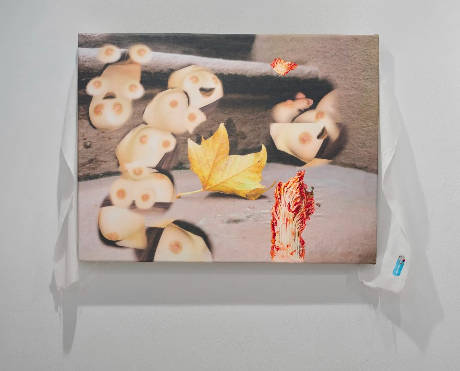 Photo collage of nipples on stairs in front of yellow leave and a piece of kimchi, kai oh acrylic on digital print, kimchi nyeo, as part of solo exhibition will you marry me at subtitled nyc.