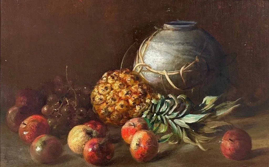 Still life oil painting with pineapple, apples, grapes, and a jar against dark brown background, Charles Ethan Porter, Still Life with Pineapple, Jar and Apples, as part of group show powerhouses at bill hodges gallery.