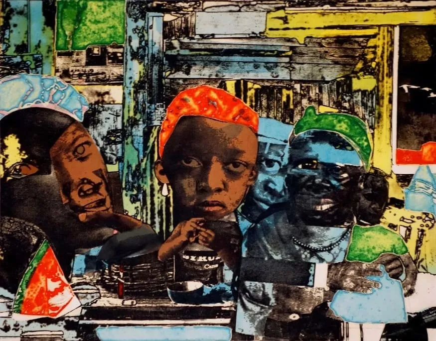 Blue, brown, and green drawing collage with children's faces and old wall architecture, romare bearden the train, color aquatint etching and photo engraving as part of group exhibition powerhouses at bill hodges gallery.
