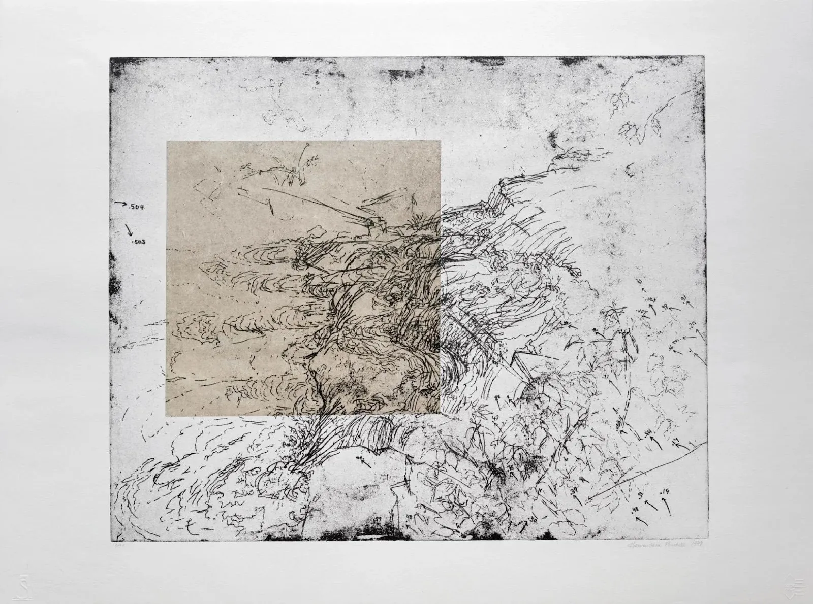 Etching printed on white background with waterfall patterns and natural sceneries, howardena pindell, gihon river, on view at bill hodges gallery group exhibition powerhouses.