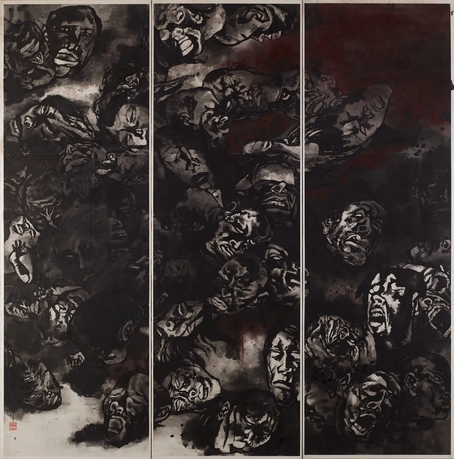 Three vertical panels of ink and mineral color drawing on paper, faces with painful expression emerge from dark background, yang jiechang, massacre, 1982 work photographed by marc domage.