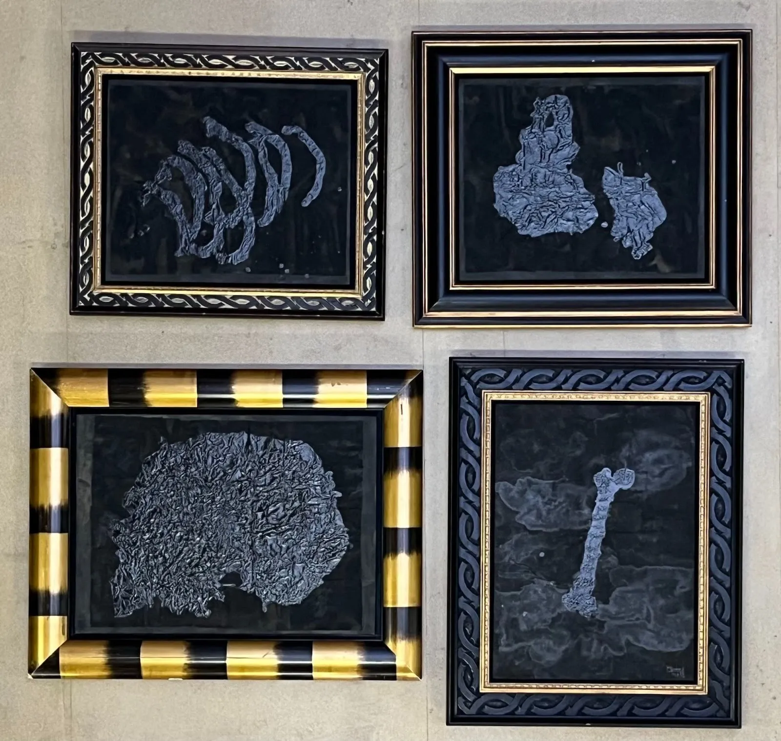 Four framed dark ink drawings against grey background, abstract textured drawings on xuan paper, my teachers 1994 by yang jiechang.