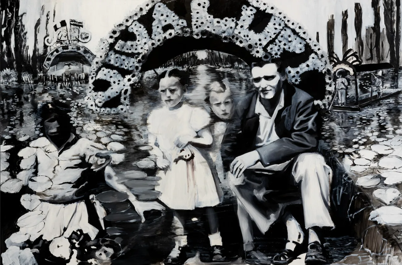 Black-and-white painting of family sitting in front of pond, aguas nubladas, paulina freifeld, peso del peligro solo exhibition with concordia studio at mexico art week.