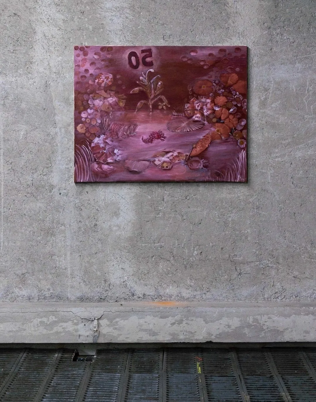 Paulina Freifeld purple pink painting installed on concrete wall, los pesos flotan, concordia studio solo exhibition during mexico city art week.