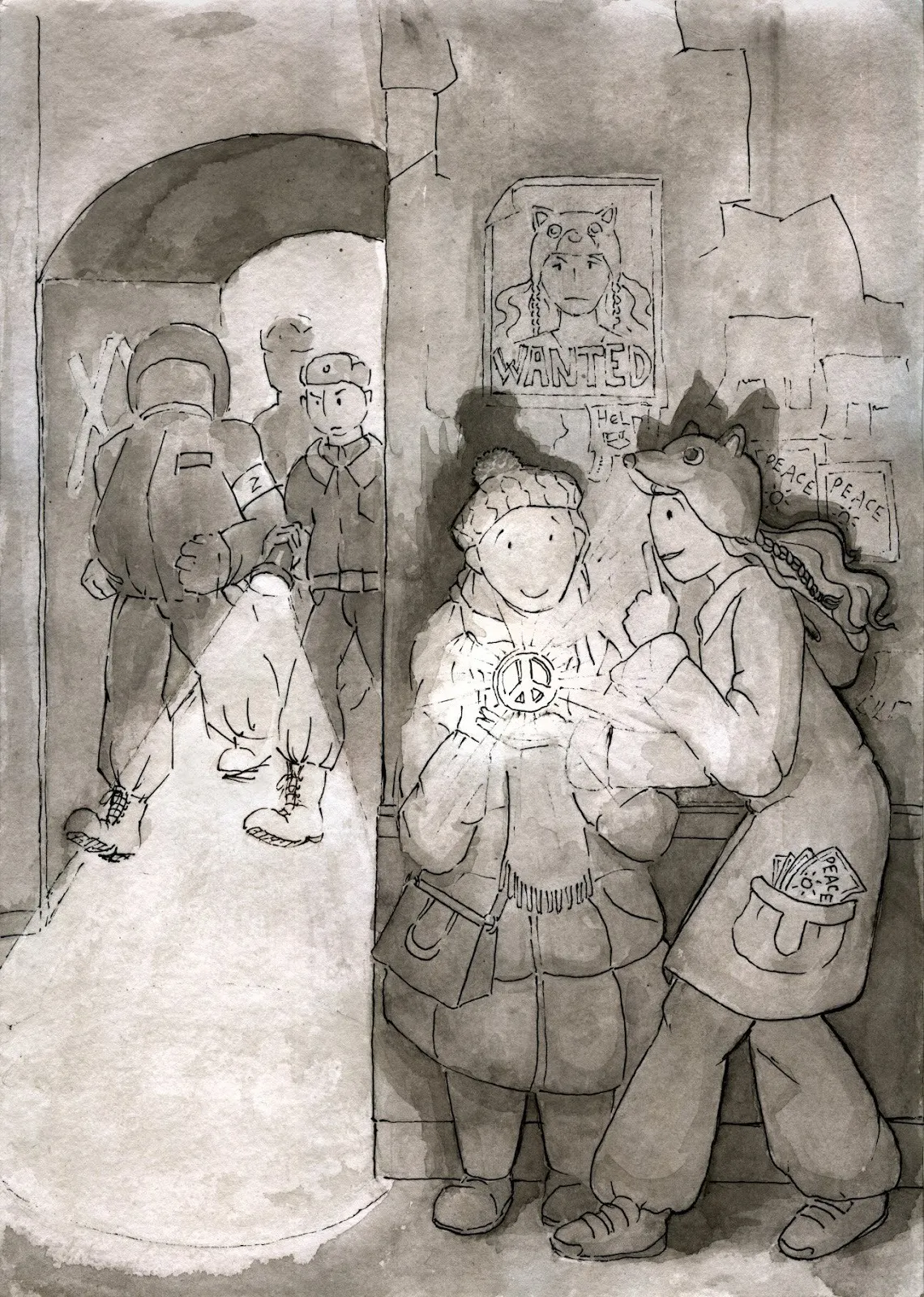 Black and white illustration of one wanted girl in wolf hat hiding in the corner with a friend's help while policemen are searching with flashlight, illustration by sasha skochilenko.
