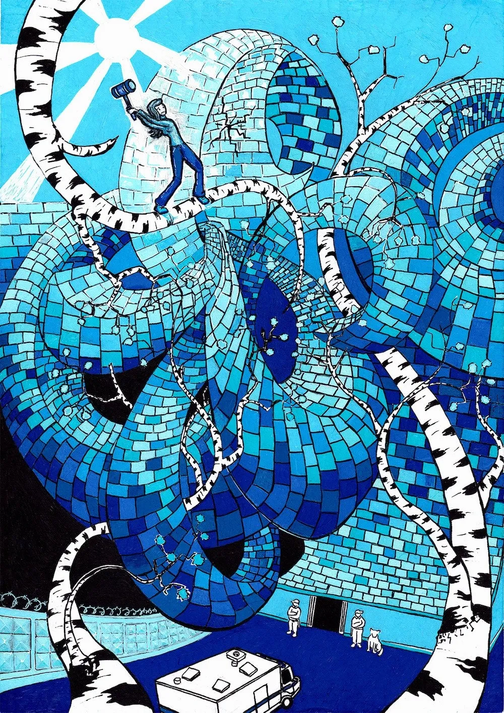Blue mosaic drawing of octopus sprawling on tree above a room with two people, a dog, and a van, illustration art by sasha skochilenko.