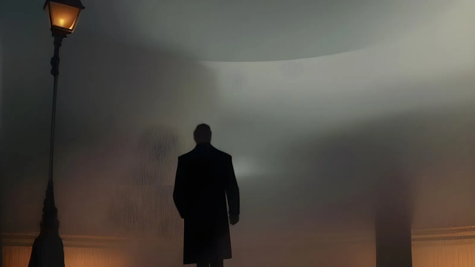 Image of a foggy, unclear setting, possibly indoors, dimly lit. To the right of the frame, there is a dark lamppost, dimly glowing with warm light. A central silhouette features the back of a figure as they look up into the ambiguous, dark space.