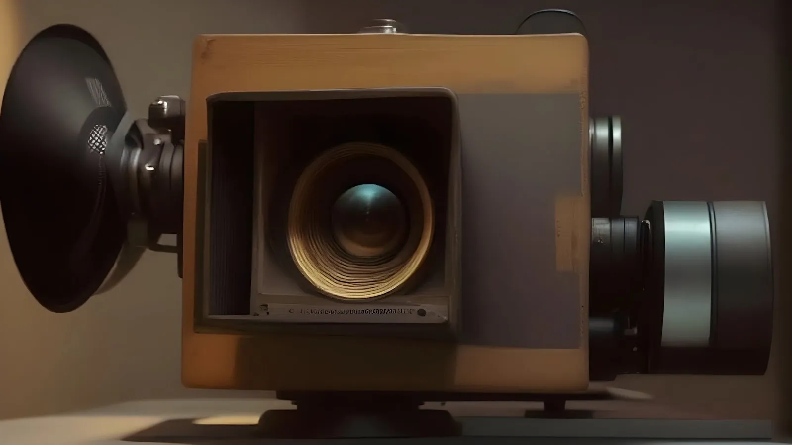 Image of a camera-like device. It combines features of older and newer camera technology. The central part of the device is wooden and boxlike, and features different lenses and lights coming out from each side.