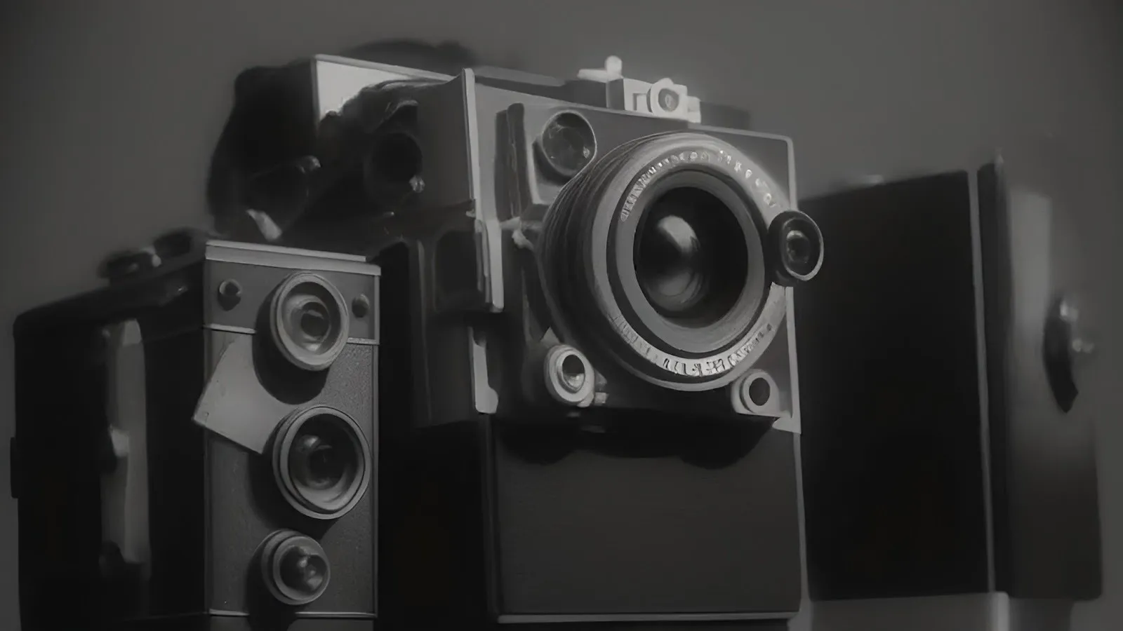 Black and white image of various camera technologies. They are box-like objects, with multiple lenses of different sizes facing out.