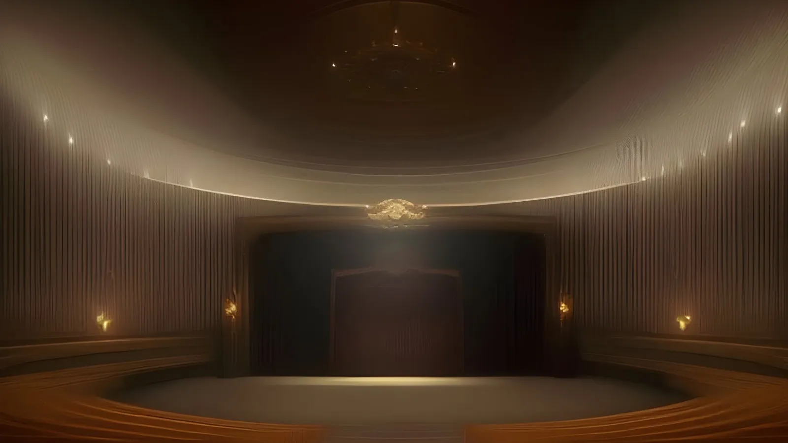 Wide shot of a dimly lit auditorium-type room. There seems to be a central stage, and the room is circularly built, with dark beige curtains flowing around the stage, which are lit with ambient, glowing light towards the roof.