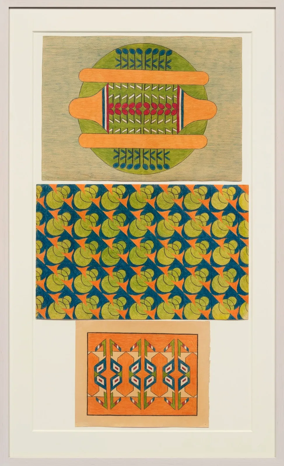 Triptych of three orange, blue, and green geometric patterned drawings denoting personality through abstract forms, Mary Sully's work titled john philip sousa.