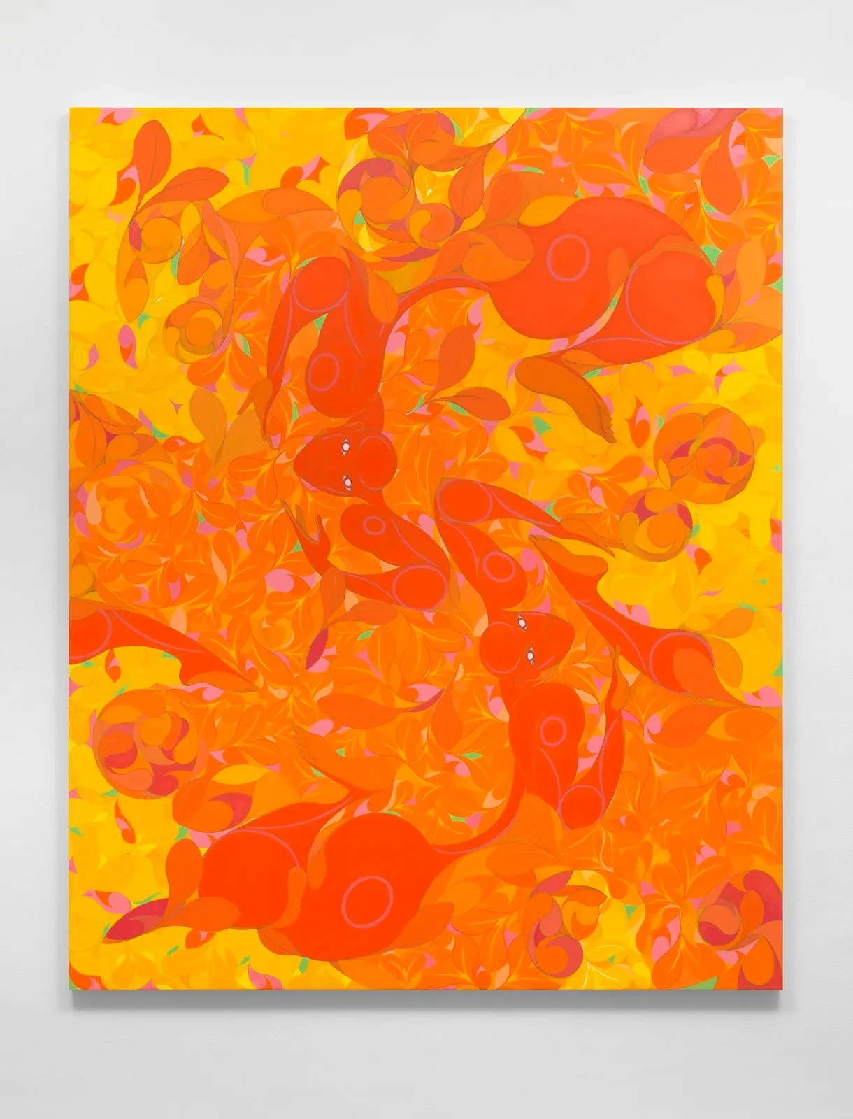 Frontal photograph of painting hung on wall. The painting is vertical, featuring intricate geometric patterns and shapes of yellow, orange, pink, and green. Two simple figures in orange look towards the viewers, only their eyes rendered.