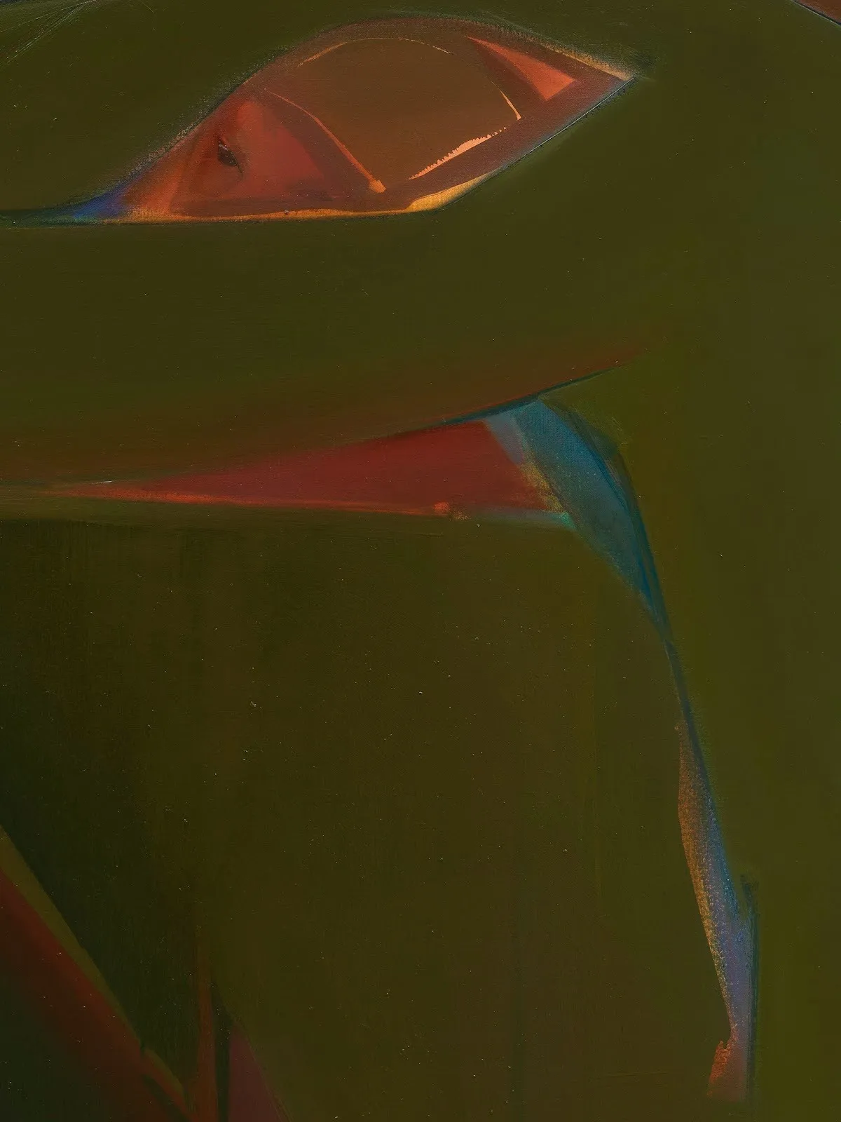 Photograph close-up of an abstracted figure. Dark green dominates the painting with thin strokes of red and blue. Towards the top, a leaflike window reveals a semi-obscured, orangey head bent away from the viewer.