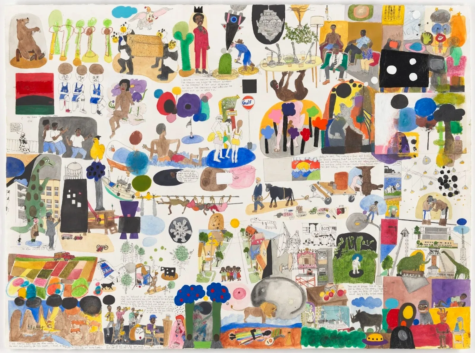 Image of a colorful, dense collage-like watercolor. The painting features multiple disparate figures and images rendered in various colors.