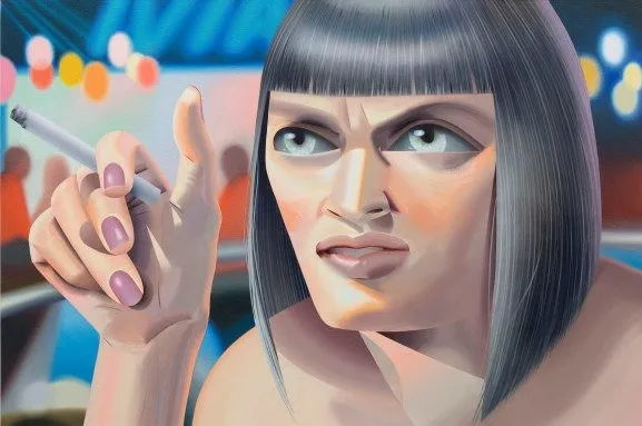 Siri personified as woman with silver-purple hair holding a cigarette, acrylic and oil painting by robin f. williams, siri defends her honor at ppow gallery new york.