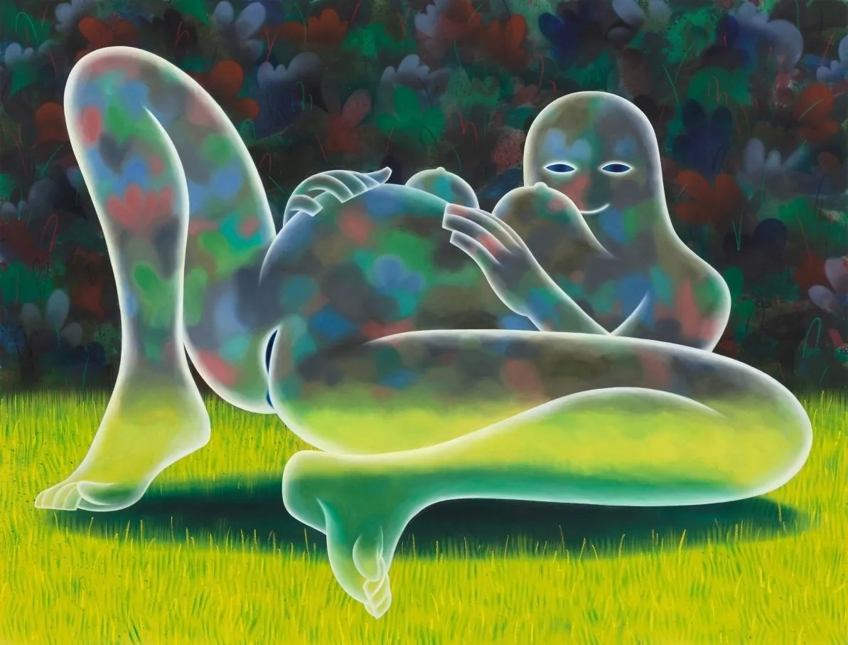 Semi transparent ghost figure leaning against grass and plant background, smiling while in labor, robin f. williams ghost in labor oil and acrylic on cavas, ppow.
