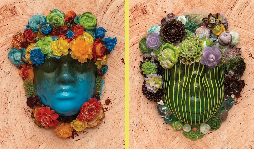 Two mask sculptures by Layo Bright taken from storytelling by montclair university community members.