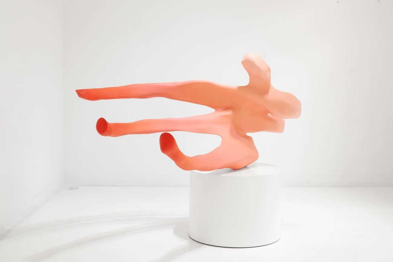 Pink sculpture with tentacles lying sideways against white cube gallery space, Teresa Solar Abboud, Tu sombra sustituida installation view at Travesía Cuatro, CDMX, México, Autorretrato como mujer embarazada.