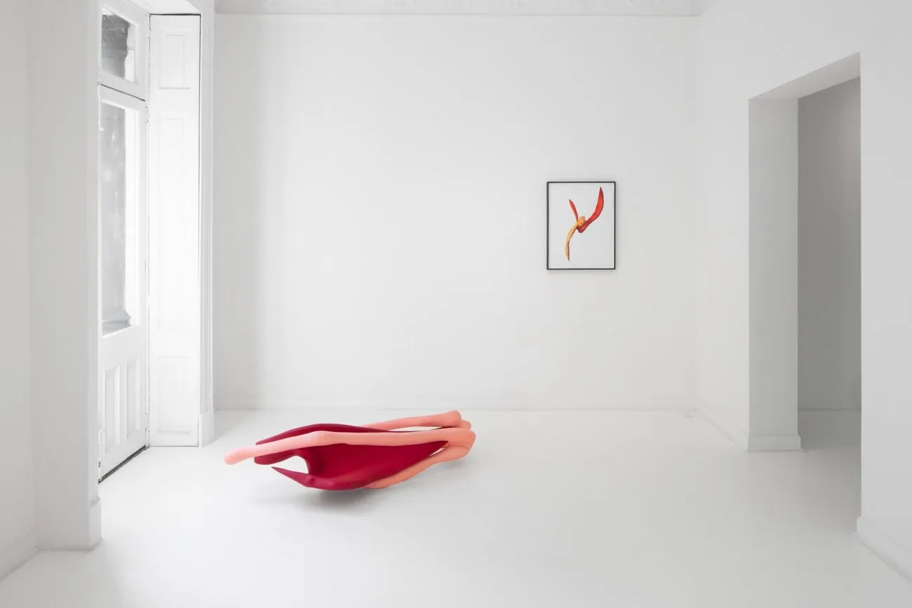 Pink and crimson sculpture with drawing piece in white cube gallery space, Teresa Solar Abboud, Tu sombra sustituida installation view at Travesía Cuatro, CDMX, México, Simbionte and unfolding.