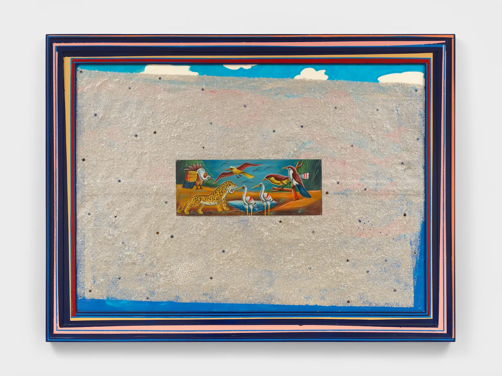 Shot of a multicolor framed painting, landscape oriented. A blue and white background is almost obscured by an overlayed beige and polka dotted texture, semi-opaque. A small central window depicts colorfully rendered and slightly surrealist animals.