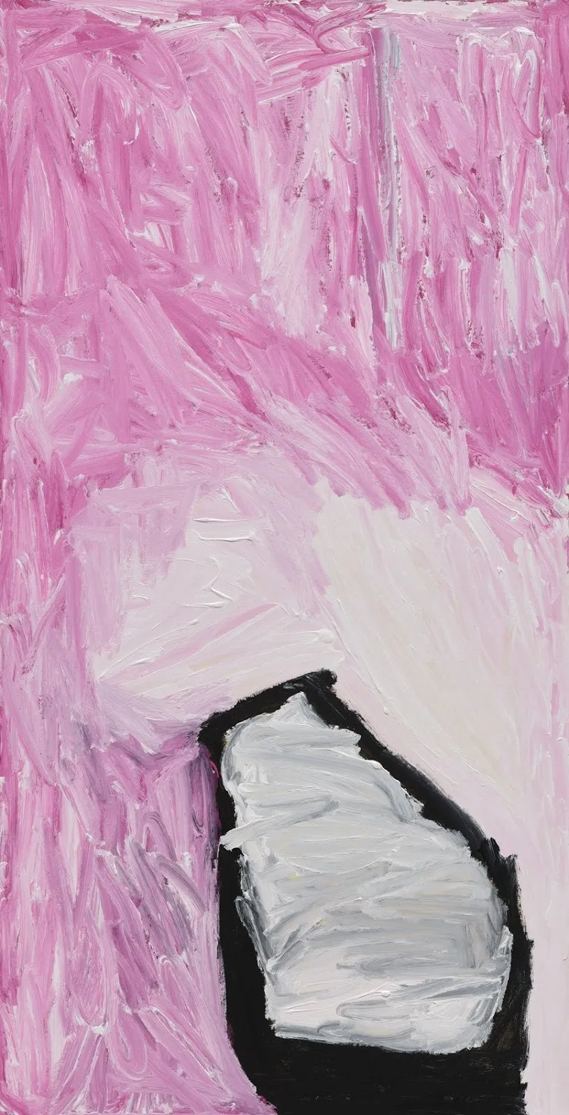 Thick textured geometric abstraction painting with pink, white, and black, Mirdidingkingathi Juwarnda Sally Gabori, My Country, acrylic painting on view at karma gallery.