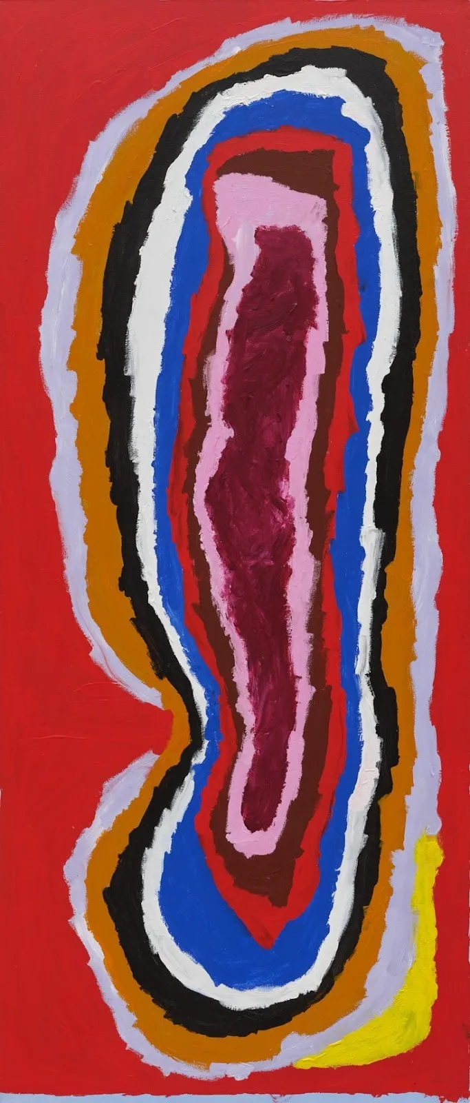 Geometric abstraction painting with red, orange, blue and pink concentric ovals, Mirdidingkingathi Juwarnda Sally Gabori, Rock Cod Story Place—Freshwater on view at karma gallery.