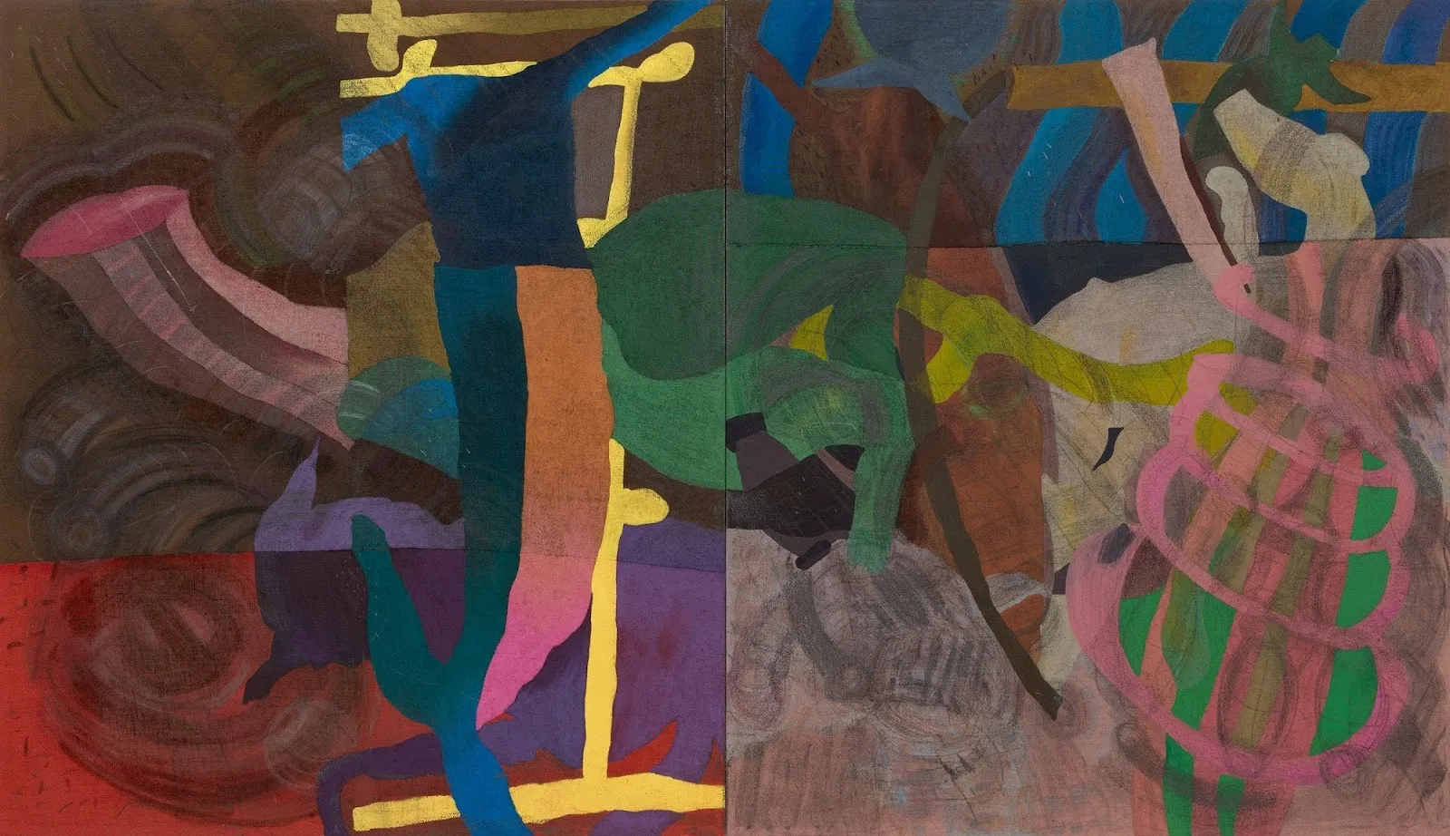 Geometric abstracted painting with limb and life forms, Kaveri Raina, the kingdom, the cave, the beginning; and the ant taking over at casey kaplan.