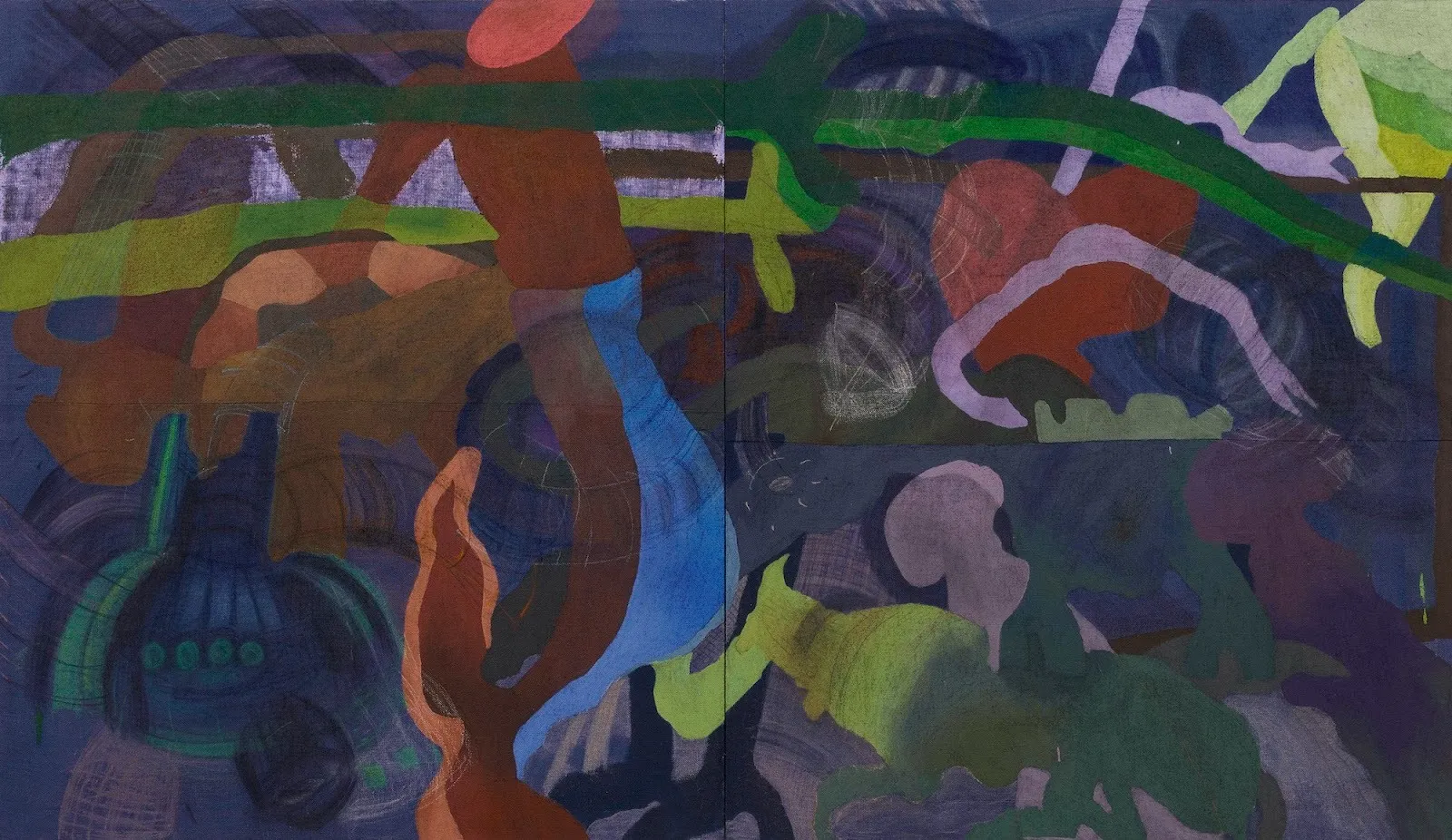 Dark midnight blue geometric painting with purple and green abstractions of limb form, Kaveri Raina, the kingdom, the cave, the beginning; and yet the heart prevails at casey kaplan gallery new york.