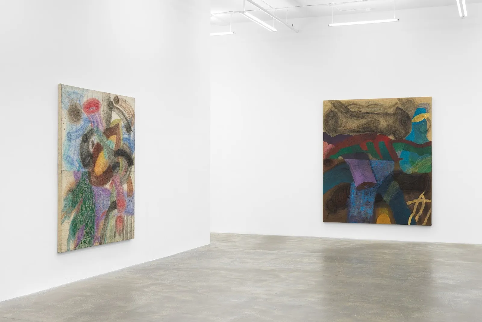 Two paintings of geometric abstraction with limb life forms, Installation view of Kaveri Raina: reflection as a witness, Casey Kaplan, New York.