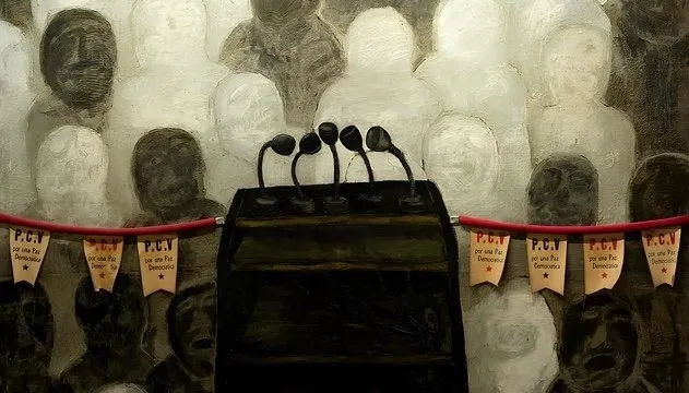 Painting by Antonia Eiriz, black and white phantom figures speaking in front of an audience, chronicles of the absurd by miguel coyula and lynn cruz.