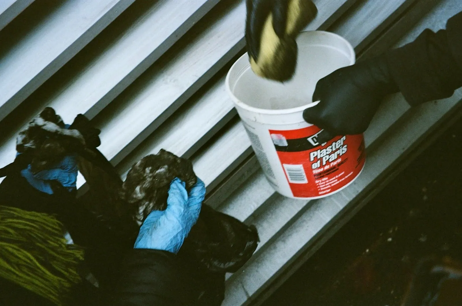 Photo of two sets of latex-gloved hands working over a bucket, carrying sponges and cloths soaked with a black substance,